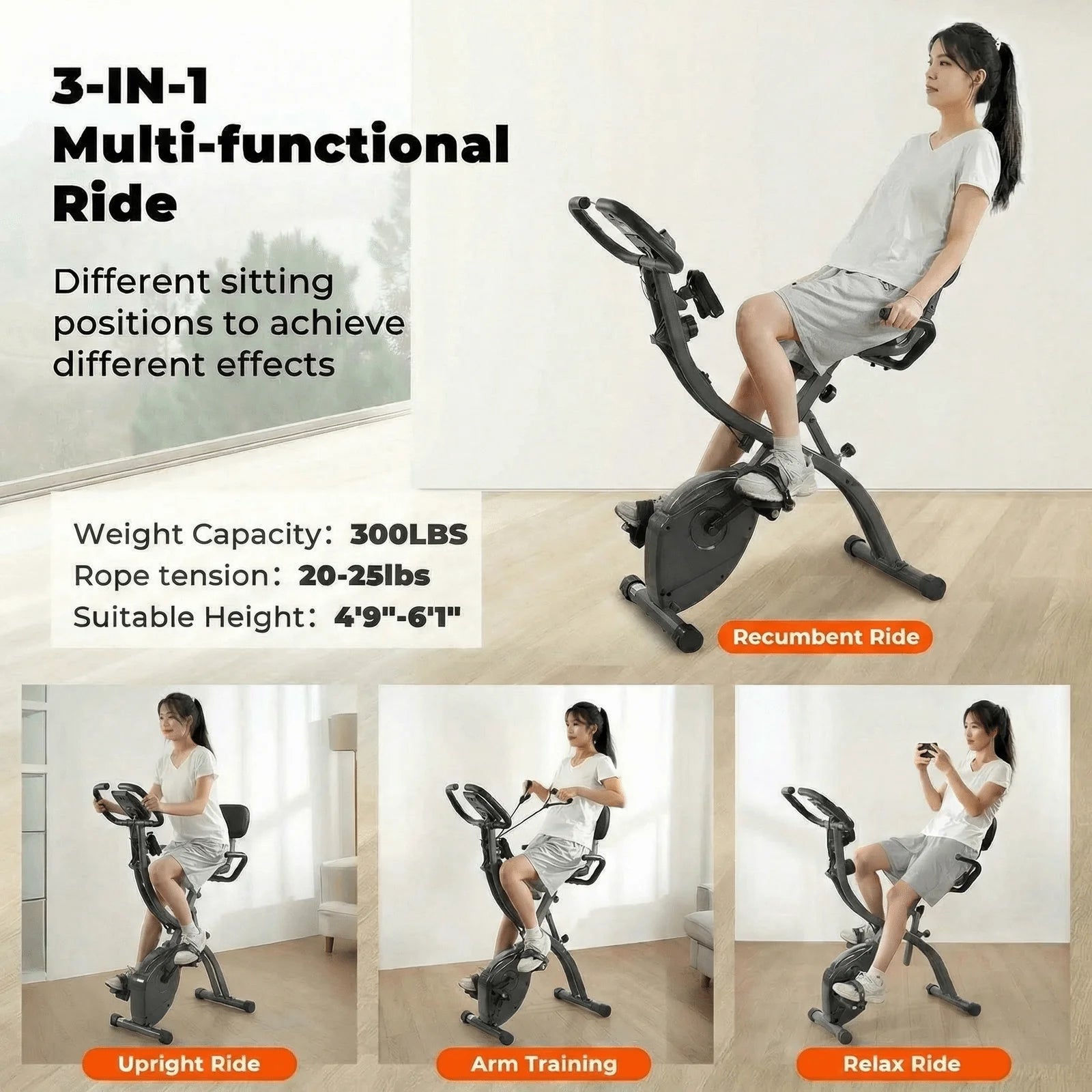 Folding Exercise Bike 3 in 1 Magnetic Stationary Recumbent Bike 10 Level Resistance for Home Use with Arm Resistance Bands