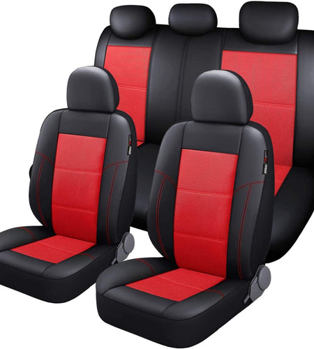 Leather and Mesh Car Seat Cover Full Set in 9Pcs Universal Fit for Cars Trucks Vans & Suvs Airbag Compatible (Red)