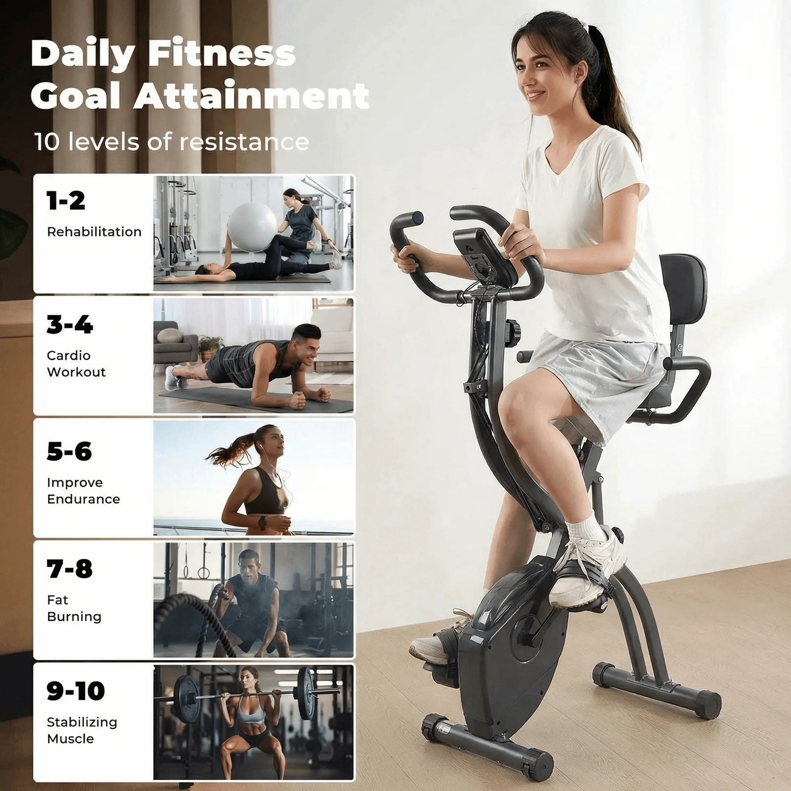 Folding Exercise Bike 3 in 1 Magnetic Stationary Recumbent Bike 10 Level Resistance for Home Use with Arm Resistance Bands
