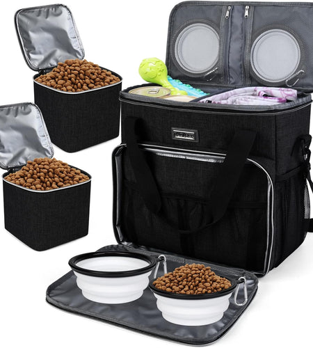 Dog Travel Bag, Pet Travel Bag（All Pet Travel Supplies）, with 2 Pet Food Containers and 2 Collapsible Silicone Bowls; Essential Kits for Pet Travel Black