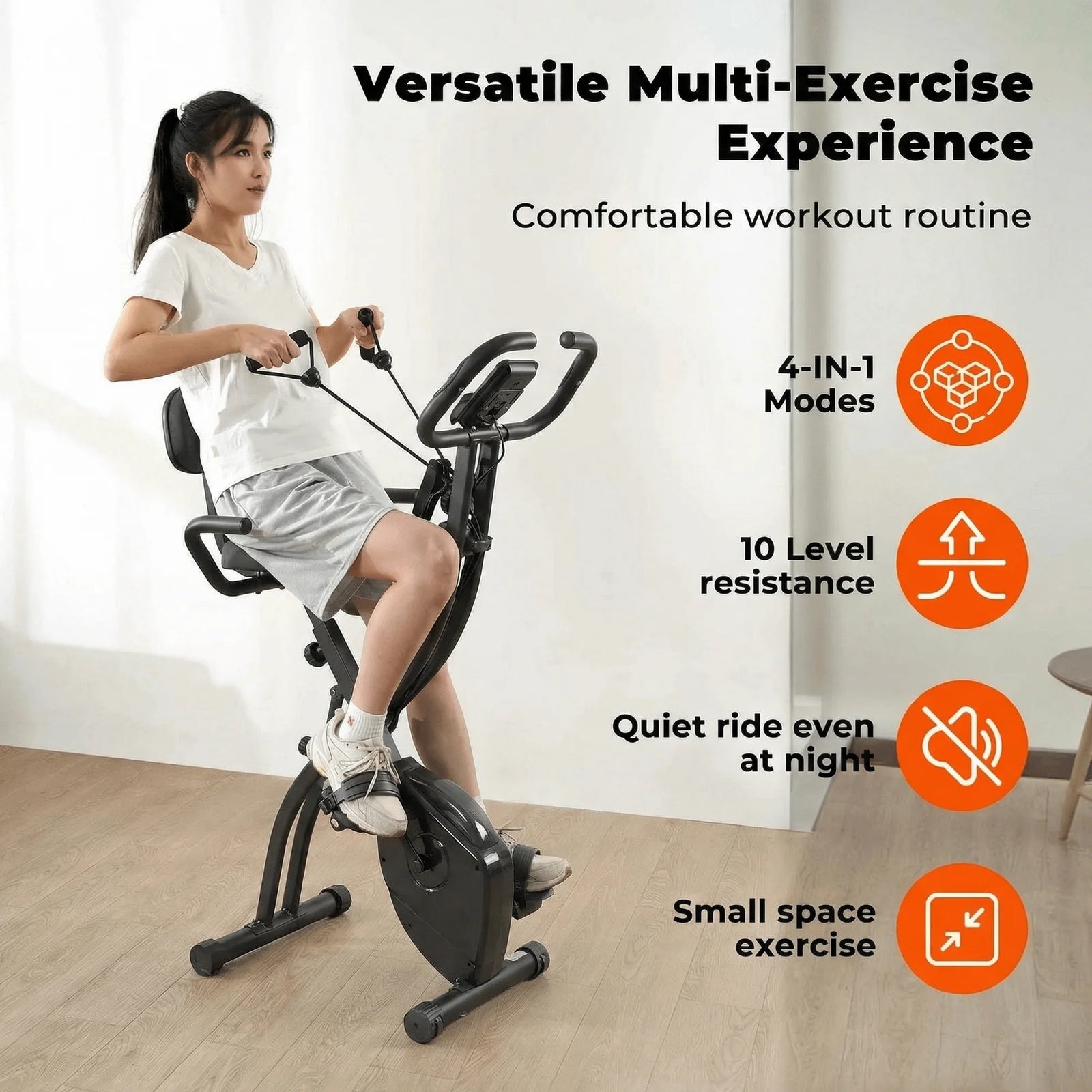 Folding Exercise Bike 3 in 1 Magnetic Stationary Recumbent Bike 10 Level Resistance for Home Use with Arm Resistance Bands