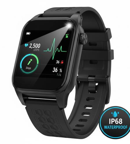 Men's smartwatch with flashlight, Bluetooth call, fitness tracking, IP68 waterproof for Android and iOS