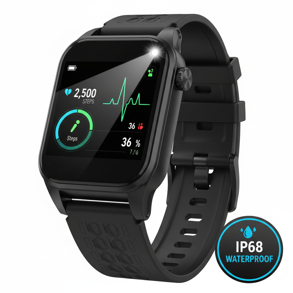 Men's smartwatch with flashlight, Bluetooth call, fitness tracking, IP68 waterproof for Android and iOS