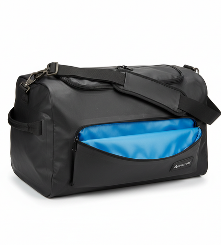 Black 37L waterproof duffle bag for women with adjustable shoulder strap and trolley sleeve