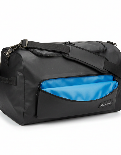 Load image into Gallery viewer, Black 37L waterproof duffle bag for women with adjustable shoulder strap and trolley sleeve

