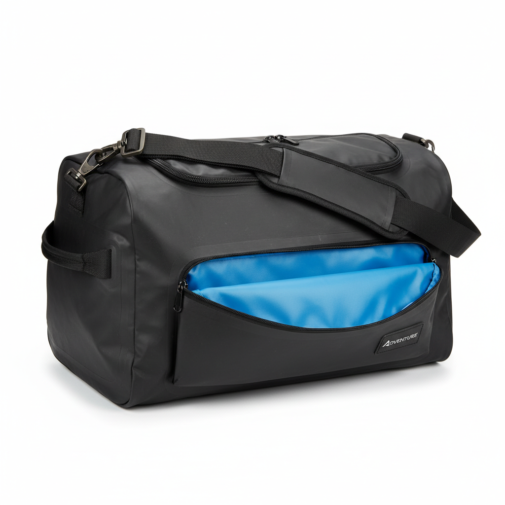 Black 37L waterproof duffle bag for women with adjustable shoulder strap and trolley sleeve